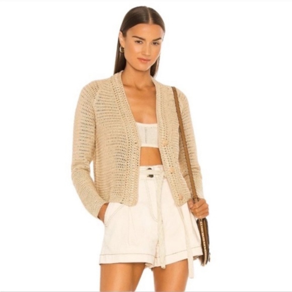 Vince Crochet Knit Neutral Beige Tan Khaki Button Down Cardigan Sweater Large